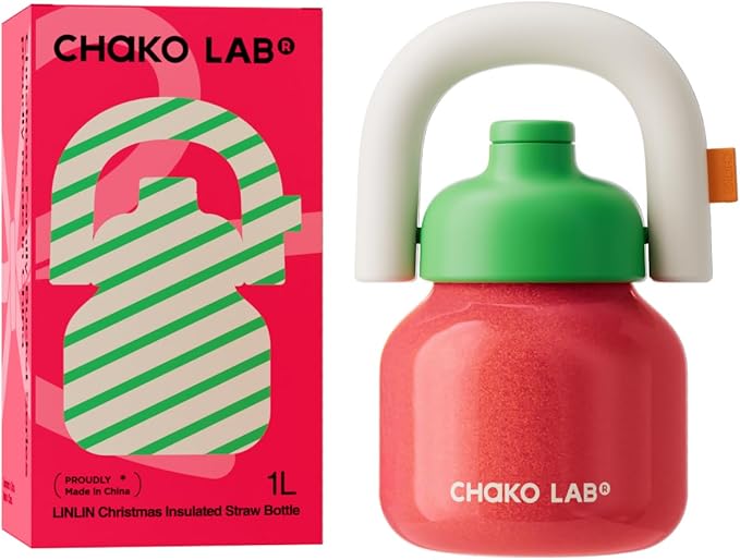 CHAKO LAB Christmas Water Bottle with Straw and Carry Handle | Wide Mouth vacuum insulated stainless steel Bottles | Reusable, leak-proof and BPA-free | 33oz(Green&Red)
