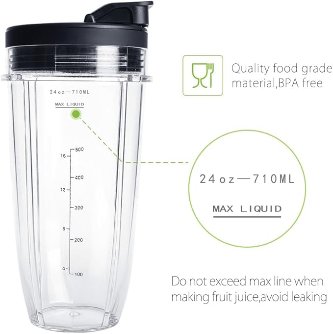 24OZ Replacement Blender Cup with To-GO Lids for Ninja, 2-Pack Replacement Parts Compatible with Ninja BL450 BL456 BL480 BL482 BN401 BN751 BN801 SS151 SS401