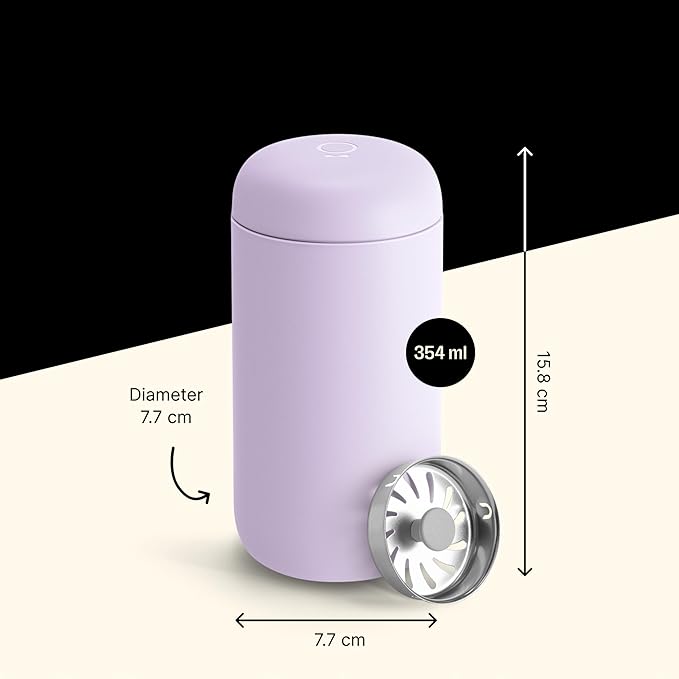 Fellow 12 oz Carter Move Travel Mug - Vacuum-Insulated Stainless Steel Travel Coffee Mug - Coffee Tumbler with Ceramic Interior and Splash Guard - Lavender Purple