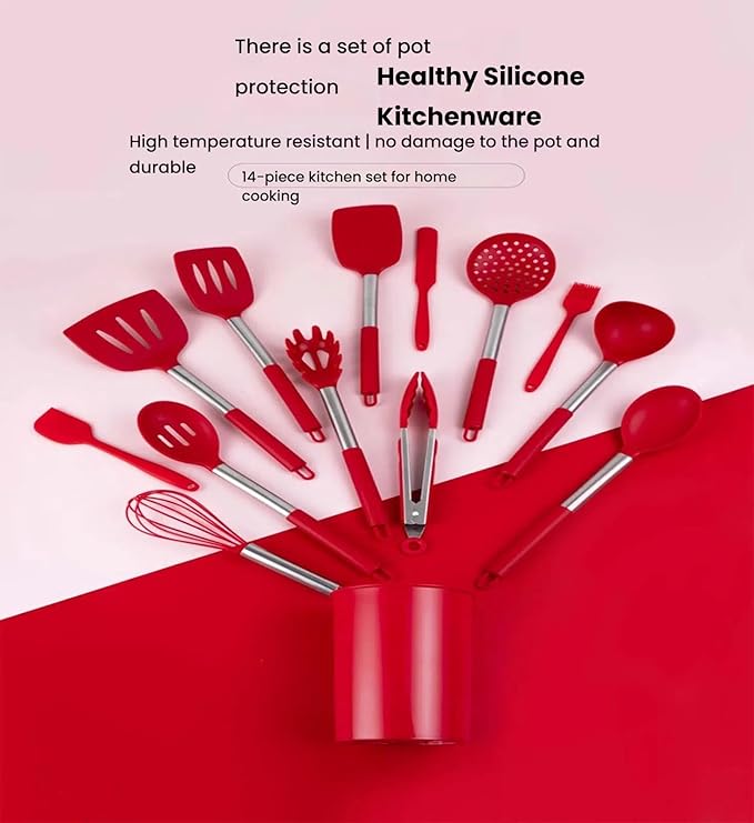 Kitchen Utensils Set, 14 Pcs Silicone Cooking Utensils Set with Holder and Heat Resistant Stainless Steel Handle for Nonstick Cookware - Black