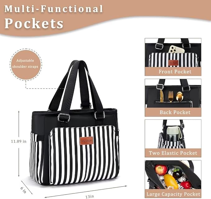 Large Women Lunch Bags for Work/Insulated Adult Lunch Box for Women. Reusable Lunch Cooler Purse for Work Picnic Hiking 14L, Black Stripes