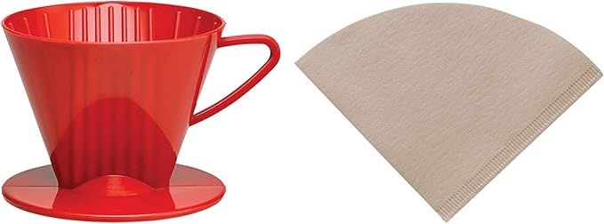 Fino Pour-Over Reusable Coffee Brewing Cone Plus 100 Disposable Unbleached Paper Filters, Number 2-Size, Red