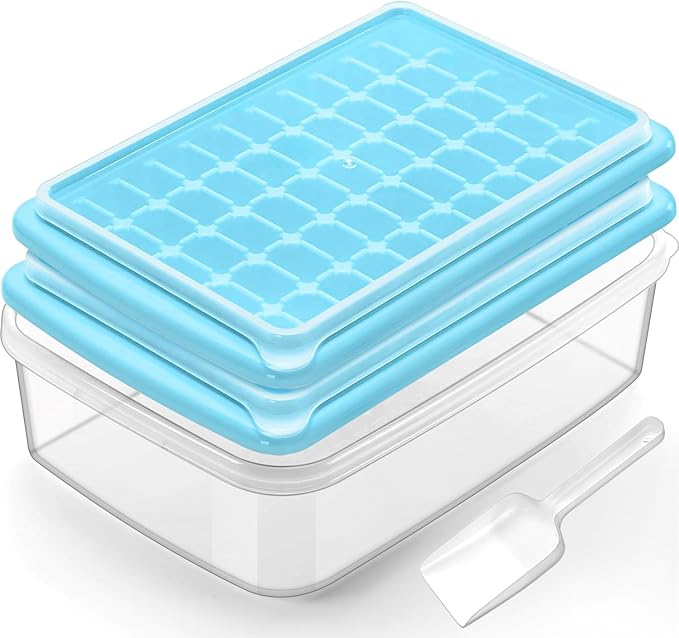 Ice Cube Trays 2 Pack with Lids and Bin for Freezer, Easy Release 55 Mini Nugget Ice Trays, Stackable Small Ice Cube Mold, Ice Maker Tray & Storage Box, Durable Plastic, BPA Free, Blue, ARTLEO