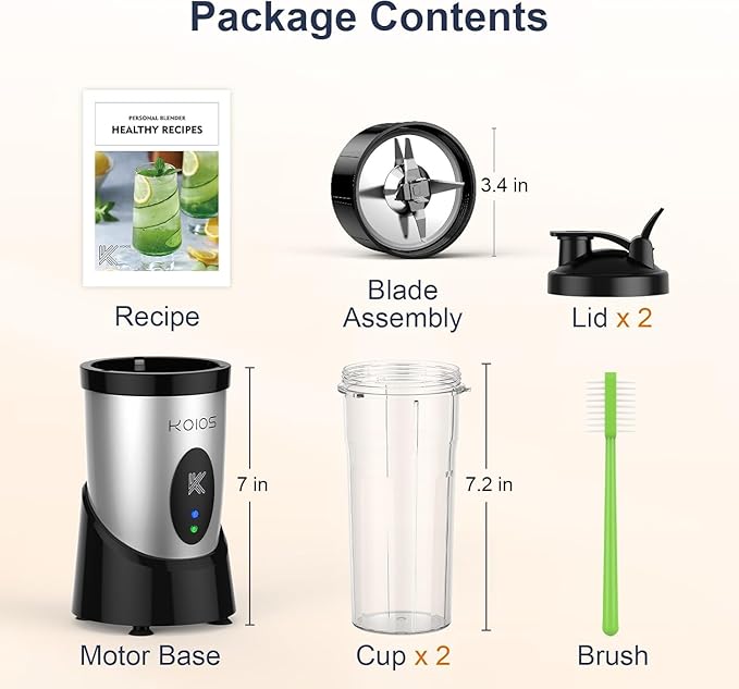 KOIOS Smoothie Blender, 900W Personal Blender for Shakes and Smoothies Kitchen with 2 No-BPA 22oz Portable Cups, Single Serve Smoothies Maker Mixer for Juices, Nutritious Recipe, Silver