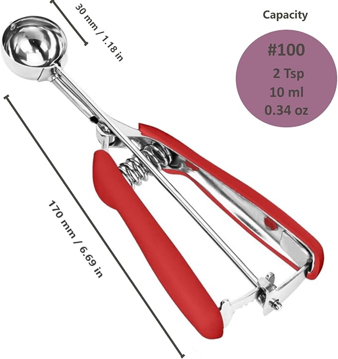 Cookie Scoop, 18/8 Stainless Steel Cookie Scooper, Cookie Scoops for Baking, 2Tsp/10ml/ 0.34oz Tbsp Cookie Dough Scoop, Ice Cream Scooper with Trigger Release, Cookie Scooper for Baking(Red)