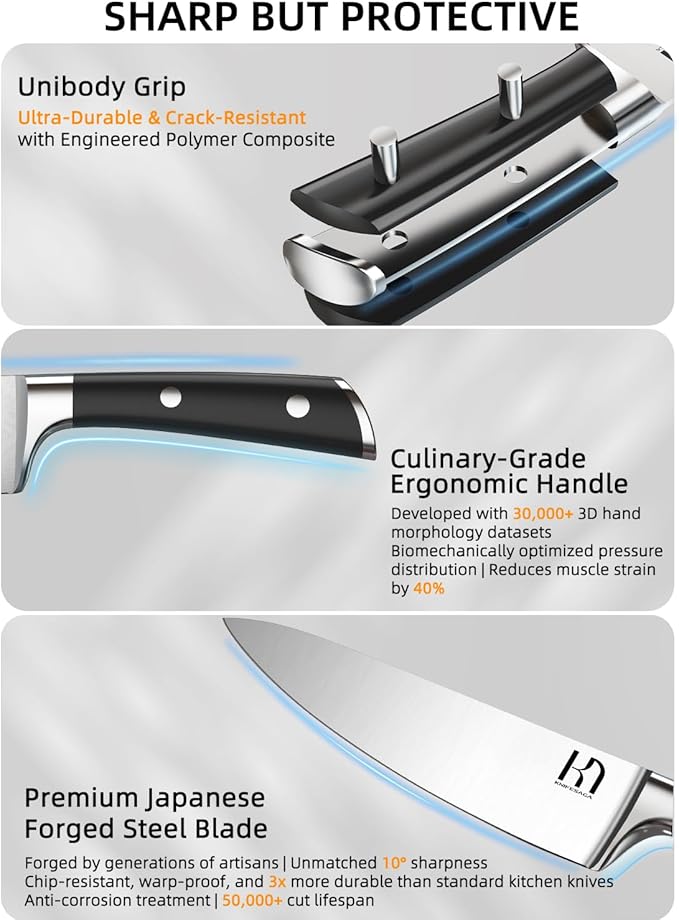 2025 Knife Set 15 Pcs Japanese High Carbon Stainless Steel Kitchen Knife Sets with Block & Sharpener, Premium Razor-Sharp Black Knives Block Set for Kitchen, Ergonomic Full-Tang Handle