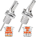 3-in-1 Liquor Bottle Pour Spouts with Built-in Fruit Fly Protection - BPA Free & Dishwasher Safe Hygienic Alcohol Pour Spouts - Also for Olive Oil - Silver 2 Pack with 2 Adapters for Large Bottles