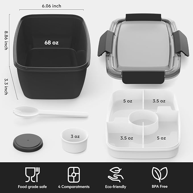 Cherrysea 2Pack Salad Lunch Container, 68oz Salad Bowls with 4 Compartments Tray,Leak Proof Lunch Box with Fork for Men,Women BPA-Free Snack Container with Sauce Container for Dressings - Black