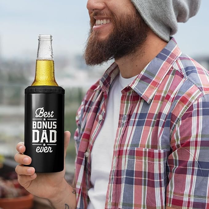SANDJEST Bonus Dad Tumbler Gifts from Step Daughter Son - 12oz 4 in 1 Design Step Father Tumbler Cup Can Cooler - Best Bonus Dad Ever Insulated Cans Coozie Christmas, Birthday, Father's Day Gift