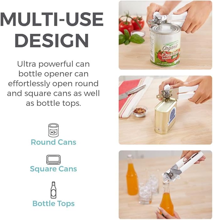 Kitchen Genie Heavy Duty Stainless Steel Manual Can Opener, Sharp Blade for Smooth Edge Cuts, Open Cans Easily, Slip-Resistant Ergonomic Handle, Easy to Turn Hand Knob, Built-In Bottle Openers, White