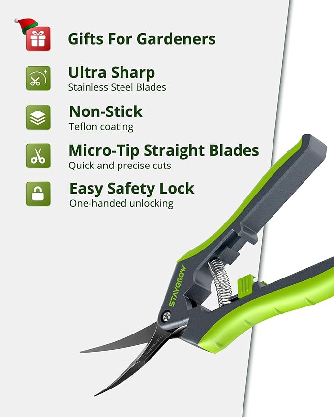 Pruning Shears for Gardening 2 Pack, 8.5" Bypass Garden Clippers and 6.5" Curved Garden Shears, Pruners with Super Sharp Stainless Steel Blades, Safety Lock, Gardening Gifts for Men Women