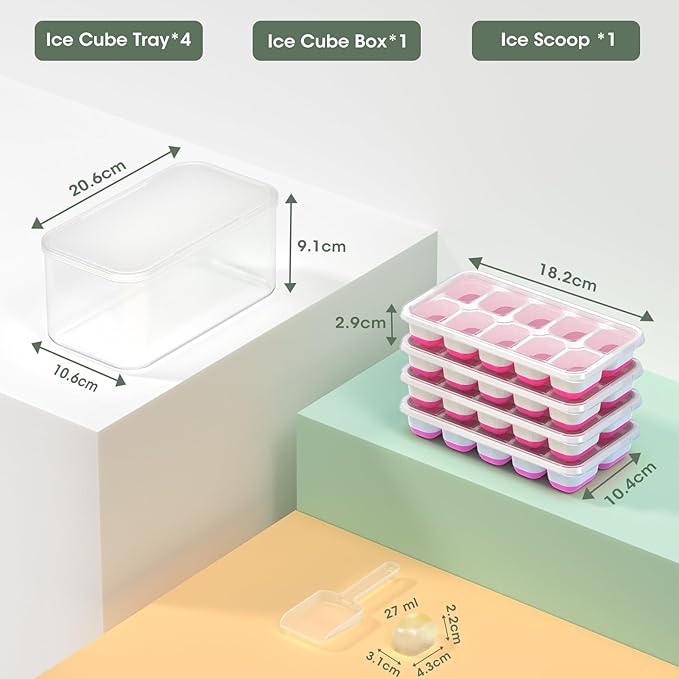DOQAUS Ice Cube Tray with Lid and Bin, 4 Pack Silicone Plastic Ice Cubes Trays for Freezer with Box/Container, Stackable with Storage Iced Bucket Kits, Scoop, for RV, Soup, Food, Cocktail, Coffee