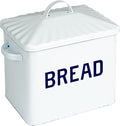 Creative Co-Op Chic Farmhouse Enameled Bread Box with Lid, "Bread" Message, White and Navy