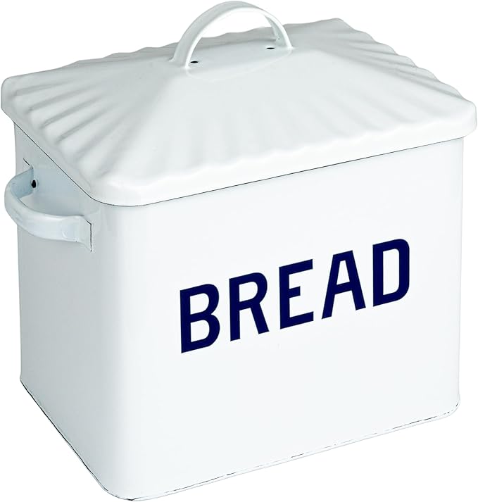 Creative Co-Op Chic Farmhouse Enameled Bread Box with Lid, "Bread" Message, White and Navy
