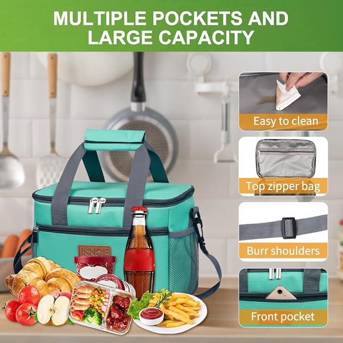 iknoe Insulated Lunch Bag, Foldable 8.5L Cooler Bag for Men & Women, Leakproof Thermal Design, Great for Office, Picnic, Travel, Lunch Box,Mint Green