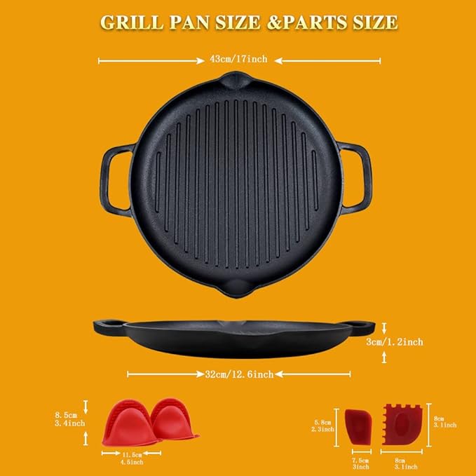 Pre-Seasoned Cast Iron Griddle Pan - 12.6 Inch Round Grill Pan with Dual Handles for BBQ and Stove Top Cooking