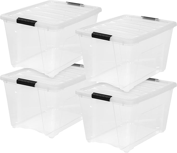 IRIS USA 51 L (54 QT) Plastic Storage Box with Lid and Latches - 4 Pack - BPA-Free, See-Through Organizing Solution, Durable Nestable Stackable Containers, Secure Pull Handle - Clear