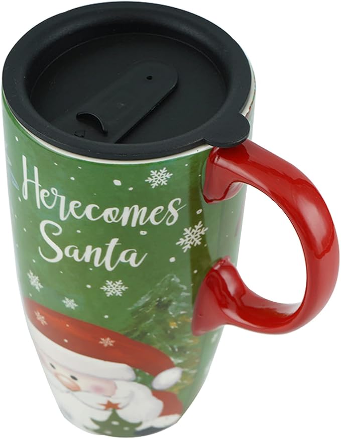 Topadorn Christmas Ceramic Mug Coffee Cup with Sealed Lid and Gift Box Latte Mug, 17oz. Here Comes Santa Claus