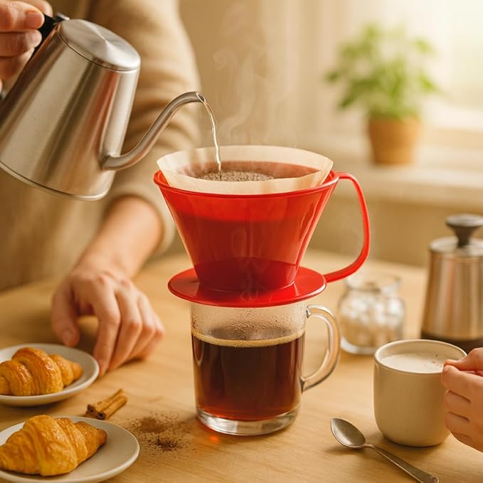 Fino Pour-Over Coffee Brewing Filter Cone, Number 4-Size, Red, Brews 8 to 12-Cups