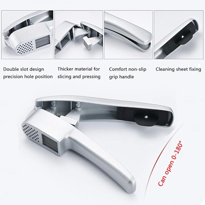 Garlic Press 2-in-1 Mincer, Crusher and Slicer with Peeler & Brush – Rustproof, Dishwasher Safe, Ergonomic Handle for Easy Squeeze and Cleaning