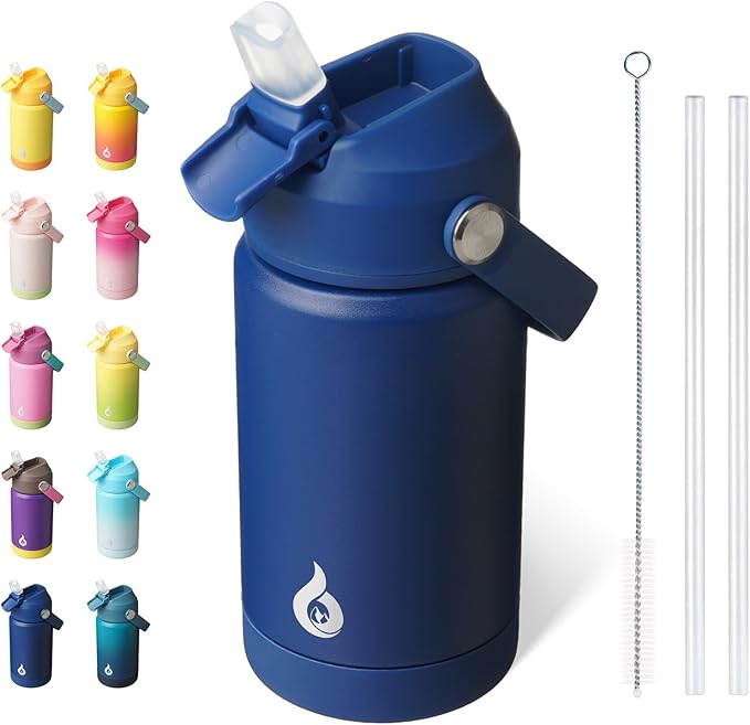 BJPKPK Insulated Water Bottle with Straw Lid, 12oz Thermo Water Bottles, Flex Handle & Non-slip Boot, BPA Free Leak Proof Stainless Steel Metal Thermo, Tumblers, Cups,Klein Blue
