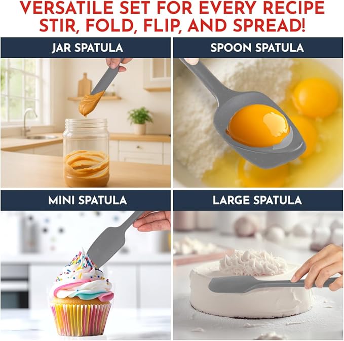 4-Piece Grey Baking Spatula Set - Holiday Baking Essentials, Rubber Spatulas Silicone Heat Resistant, BPA-Free - Spatula Set for Nonstick Cookware - Silicone Baking Utensils