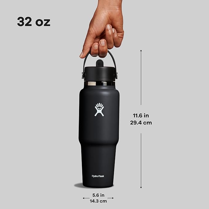 Hydro Flask Travel Water Bottle - Insulated Stainless Steel - Wide Straw Lid, Non Spill, Leakproof in 32 Oz Black