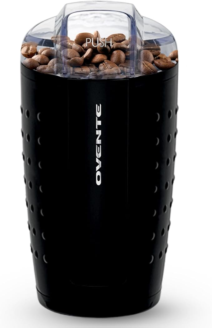 OVENTE Electric Coffee Grinder for Beans, Spices and More, 2.5Oz Compact Grinding Mill, Spice Grinder with Stainless Steel Blade, Pulse Button Operation and Transparent Easy to Open Lid, Black CG225B