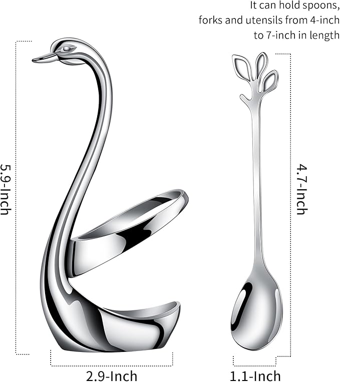 AnSaw Silver Small Coffee Spoon Holder Set,Swan Base With 10 Pcs Demitasse Espresso Spoons Set,4.7" Mini Leaf Dessert Spoon,Stainless Steel Tea Spoons