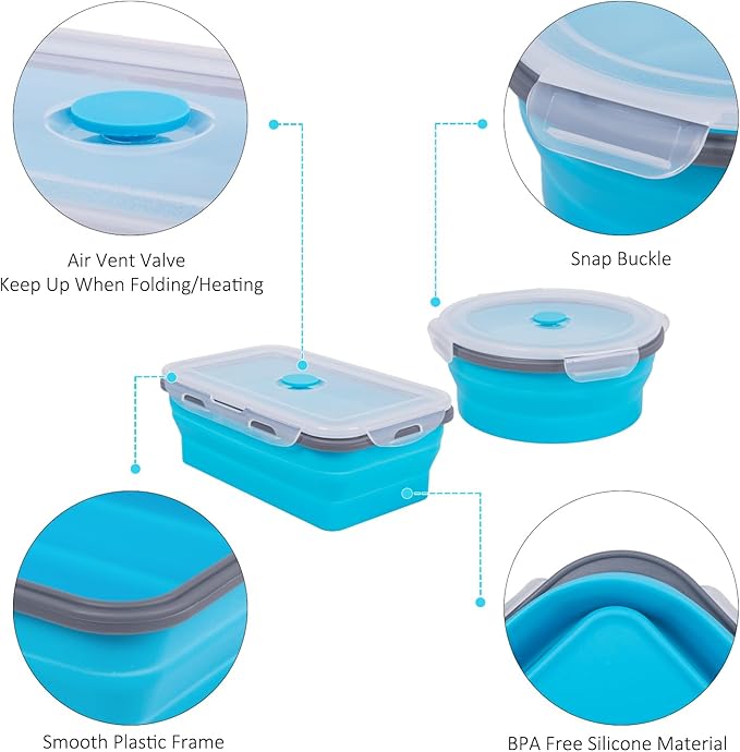 Collapsible Food Storage Containers with Lids 10 Pack(81oz/58oz Extra Large Included), 6 Rectangular+4 Round, Annaklin Silicone Collapsible Food Containers Sets Microwave Freezer Dishwasher Safe, Blue