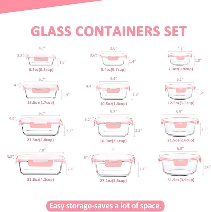 KOMUEE 24 Pieces Glass Food Storage Containers Set, Meal Prep Containers-Stackable Airtight Glass Storage Containers with lids,Freezer, Microwave, Oven Safe,Pink