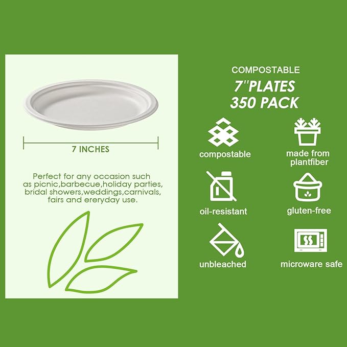 Vplus 350 Pack Paper Plates 7 inch 100% Compostable, Heavy-Duty Disposable Paper Plates Bagasse Natural Biodegradable Eco-Friendly Sugarcane(White)