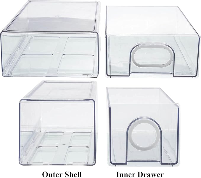 6 PCS Refrigerator Organizers And Storage Stackable Storage Drawers, Large Heavy Duty Fridge Organizer Bins Pull Out Refrigerator Organizer Bins, White Handle, 3 Drawers And 3 Small Cubes