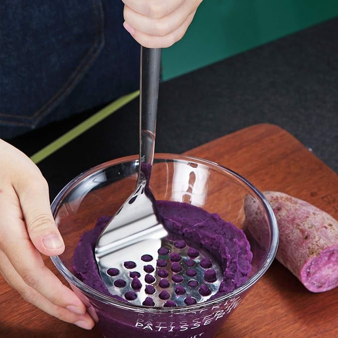Stainless Steel Potato Masher, Berglander Heavy Duty Metal Potato Ricer, Food Masher Utensil Hand Masher, Vegetables Fruits Versatile Masher, Heat Resistant, Dishwasher Safe, Easy to Clean