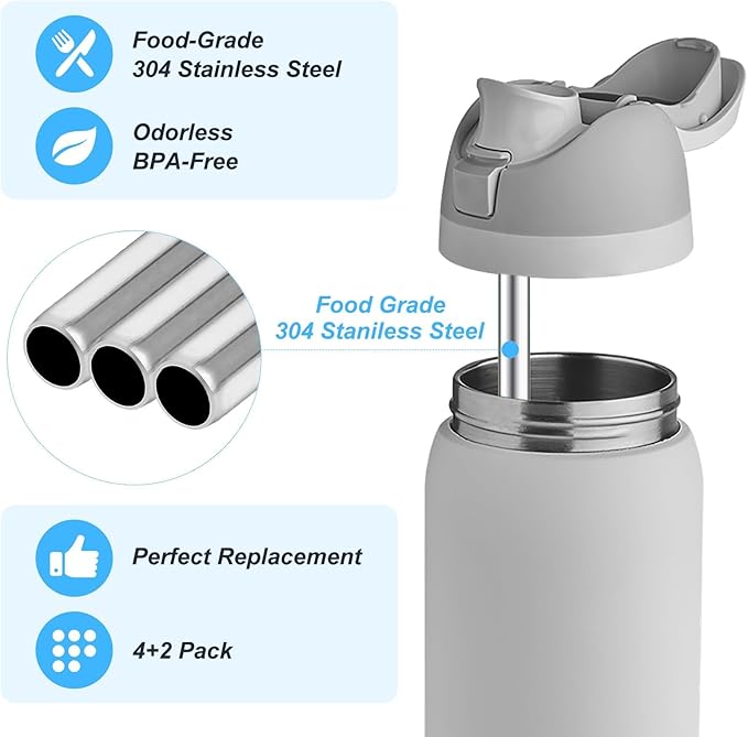 4Pcs Replacement Stainless Steel Straws Compatible with Owala Water Bottle 24oz 32oz Reusable Straws with 2 Cleaning Brushes Metal Straw Replacement Compatible with Owala Freesip (21cm for 24-32oz)