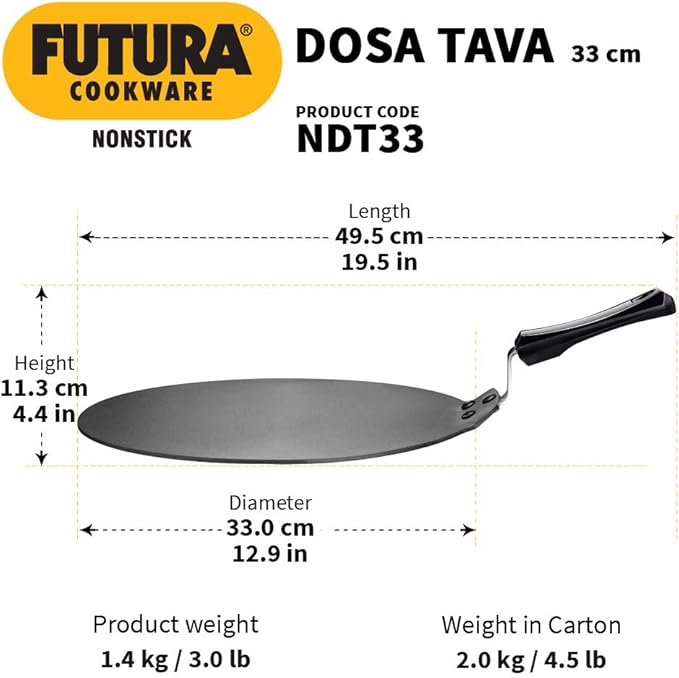 Hawkins Futura Nonstick Dosa Tava, Diameter 33 cm (13 inch), Thickness 4.88 mm (Black) NDT33