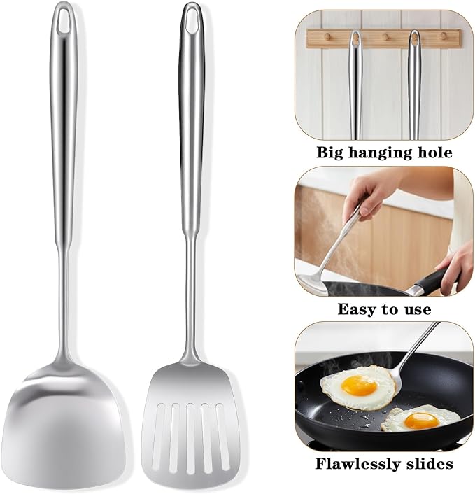 2 Pack 18/10 Stainless Steel Spatula Set 15” L Metal Spatulas for Kitchen Use, Silver Slotted Turner Solid Turner Kitchen Cooking Utensils Set, Heat Resistant Dishwasher Safe Easy to Clean