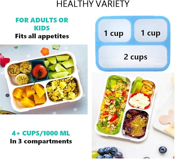 Bento Lunch Box Kids & Adults, Lunch and Snack Containers for Boys & Girls with 3 Compartments - School, Work Daycare, Meal Planning Portion Control Container, BPA-Free Boxes, Utensils, Blue 1 pack