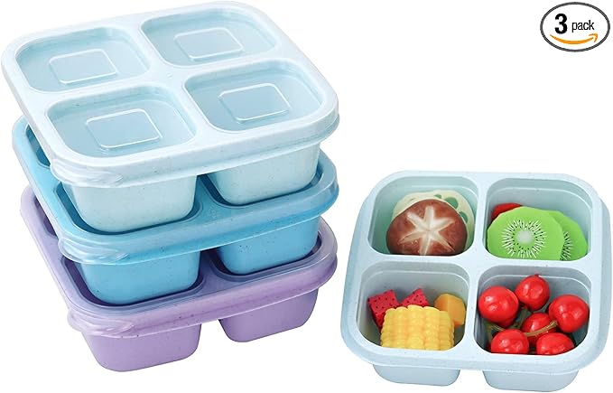 Finorder 3 Pack Wheat Straw Containers, 4 Compartment Reusable Snack Bento Box Toddler, Meal Prep Lunch Box Containers for Kids Adults, Food Containers for School,Office and Travel(Pastel Colored)