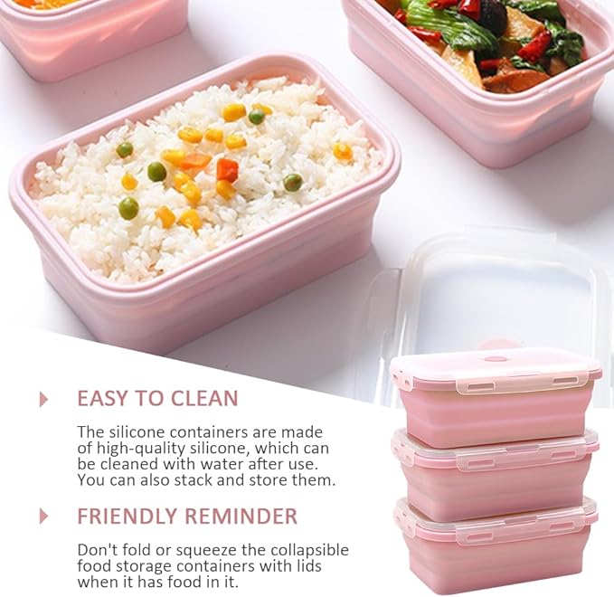 Alimat PluS 40.5oz Silicone Food Storage Containers, 3 Pack Set 1200ml Collapsible Food Storage Containers with Lids(Pink)