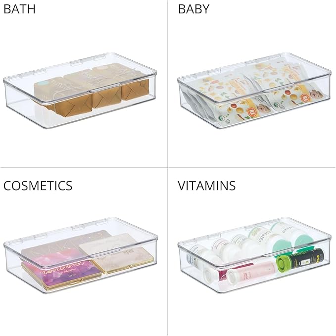 mDesign Plastic Household Stackable Storage Organizer Box Containers with Hinged Lid for Office, Bedroom, Entryway, Hallway, Garage, Playroom or Craft Room - Clear