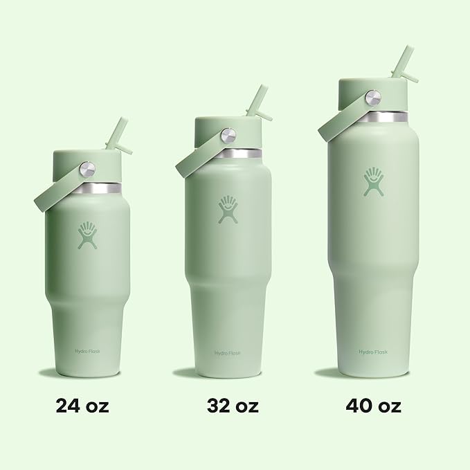 Hydro Flask Travel Water Bottle - Insulated Stainless Steel - Wide Straw Lid, Non Spill, Leakproof in 32 Oz Aloe Green