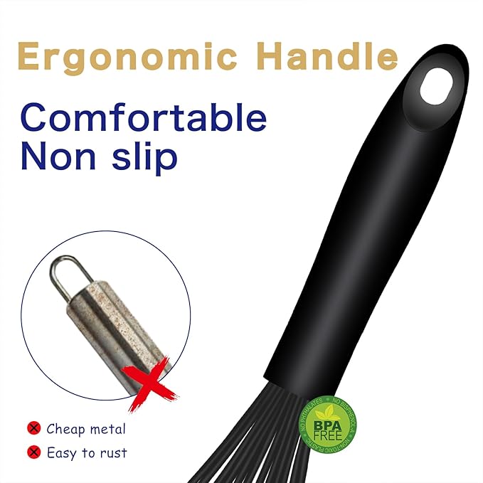 Dishwasher Safe Silicone Whisk, Sealed Waterproof Design Set of 3, Professional Kitchen Whisks for Cooking Non-Scratch, Silicone & Stainless Steel Whisk, Heat Resistant Balloon Egg Beater, Black