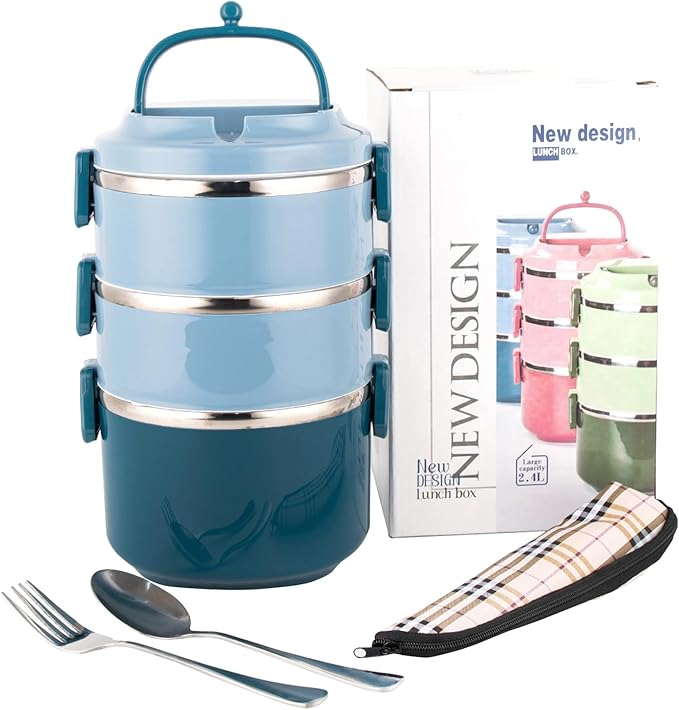 SANQIAHOME 3 Tier Stackable Stainless Steel Lunch Box Sealed(blue, 3 layers) with spoon and fork