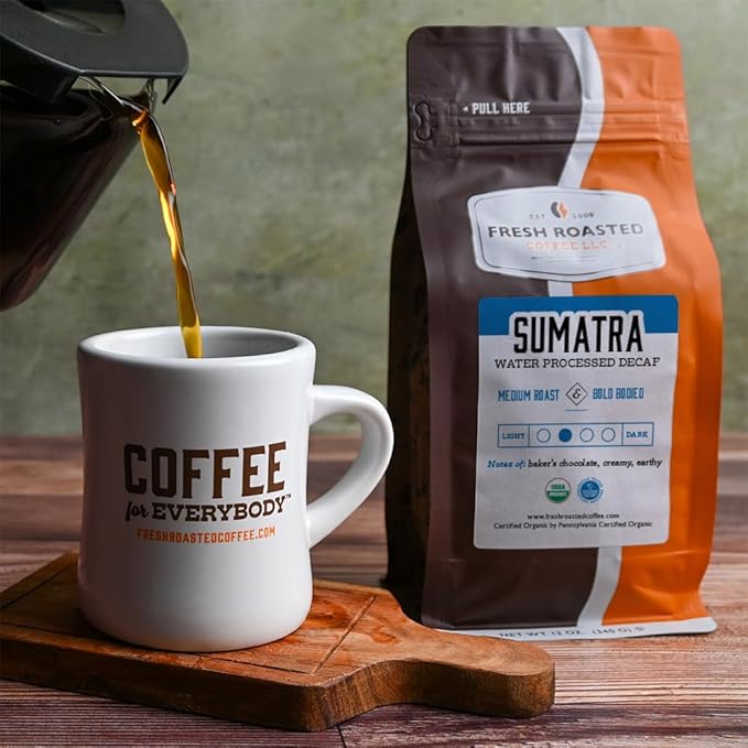 Fresh Roasted Coffee, Organic Sumatra Water-Processed Decaf | 100% Single Origin, USDA Organic, Kosher | Medium Roast 12 oz Whole Bean