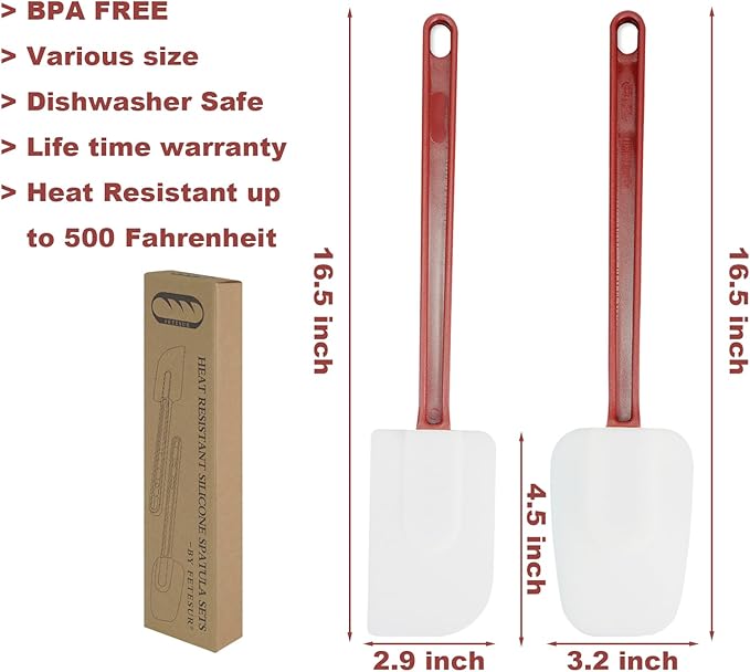 High Heat Resistant Silicone Scraper Spoon Commercial Spatula for Cooking, Rubber Spatula Set of 2, (16.5'')