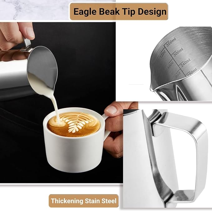 Milk Frothing Pitcher, 350ml/600ml (12oz/20oz) Milk Frother Cup Stainless Steel Jug Steaming Pitcher, Milk Coffee Cappuccino Latte Art Barista Steam Pitchers Milk Jug Cup with 2Pcs Decorating Pen