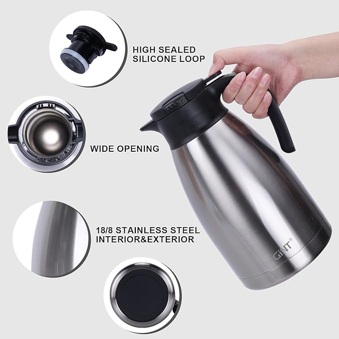 GiNT 74Oz Thermal Coffee Carafe, Insulated Stainless Steel Coffee Carafes for Keeping Hot/Double Walled Vacuum Thermal Carafe (Silver, 2.2L)