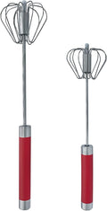 Stainless Steel Push Whisk - Easy to Use Manual Hand Mixer & Plunger Whisk - Make Froth, Foam & Whipped Cream - Semi Auto Egg Beater Plastic Tip Won’t Scratch Pans (2 Pack 10in & 12in) RED