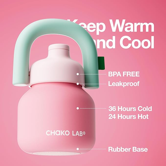 CHAKO LAB Water Bottle with Straw and Carry Handle | Wide Mouth vacuum insulated stainless steel Bottles | Reusable, leak-proof and BPA-free | 33oz(Pink&Red)